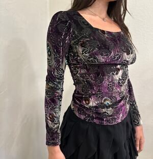 Donna Women's XS Top Purple Plum Velvet Burnout Vintage Floral